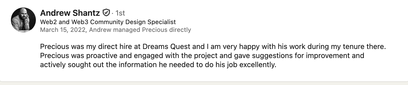 LinkedIn recommendation from Andrew Shantz